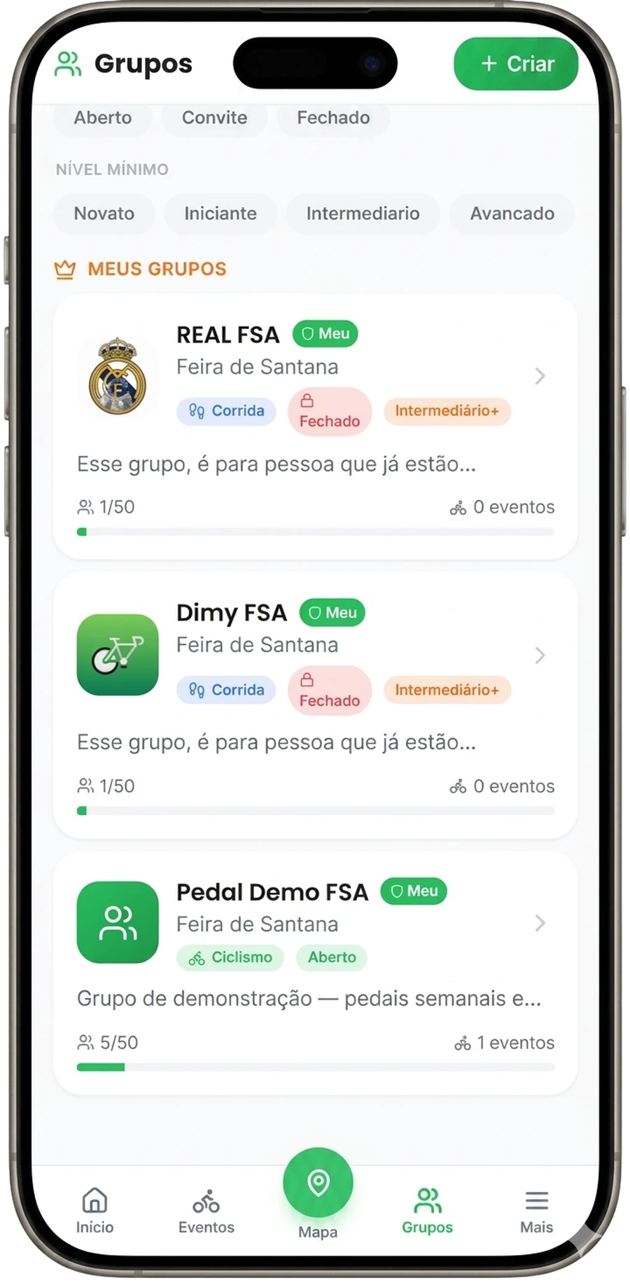 Tela de grupos no Dimy